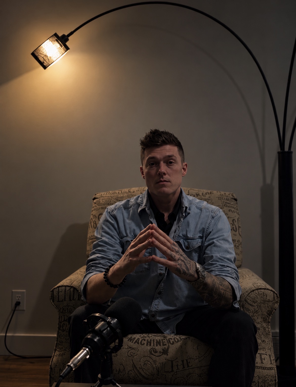 Brenden Roy seated in an armchair behind a podcast microphone