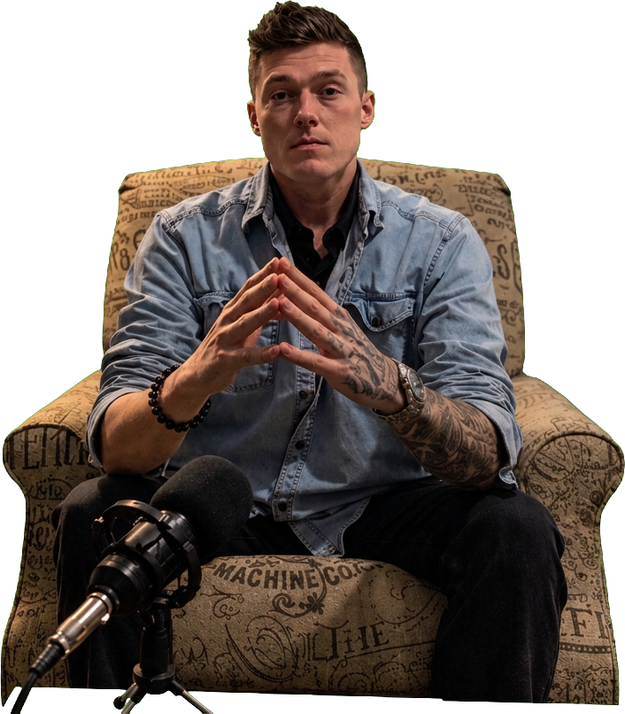 Brenden Roy seated in an armchair behind a podcast microphone